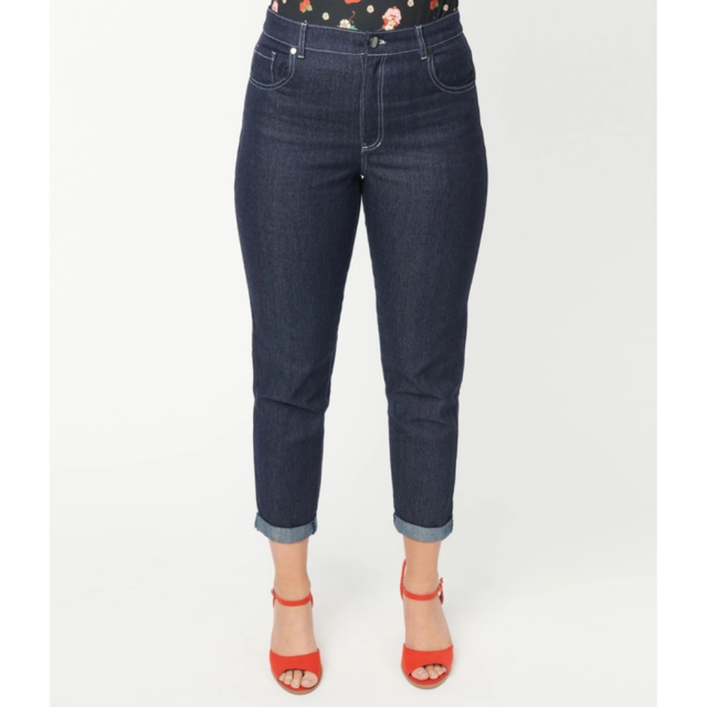 UNIQUE VINTAGE DARK BLUE DENIM MARILYN ROLLED JEANS L